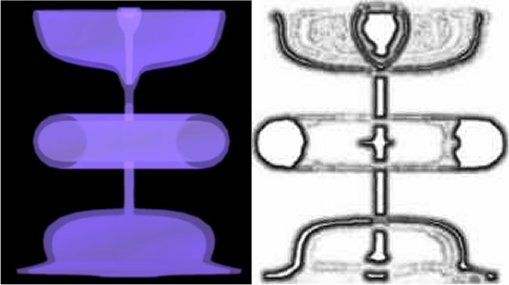 Formación de plasma translúcido a lo largo de un eje vertical por el circula una enorme corriente eléctrica (izquierda) y representación aproximada de cómo el ojo humano lo vería (derecha)