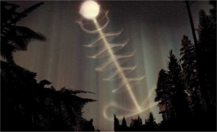 Representación artística de cómo nuestros antepasados verían esta increíble y amenazadora formación de plasma eléctrico en sus cielos