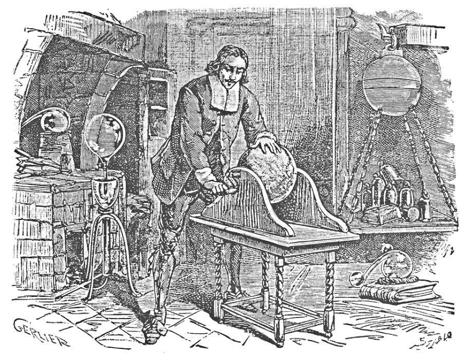Ilustración de von Guericke en su laboratorio (1672)