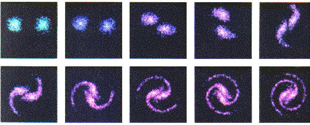 Simulación por superordenador de la formación de una galaxia espiral, por Anthony Peratt